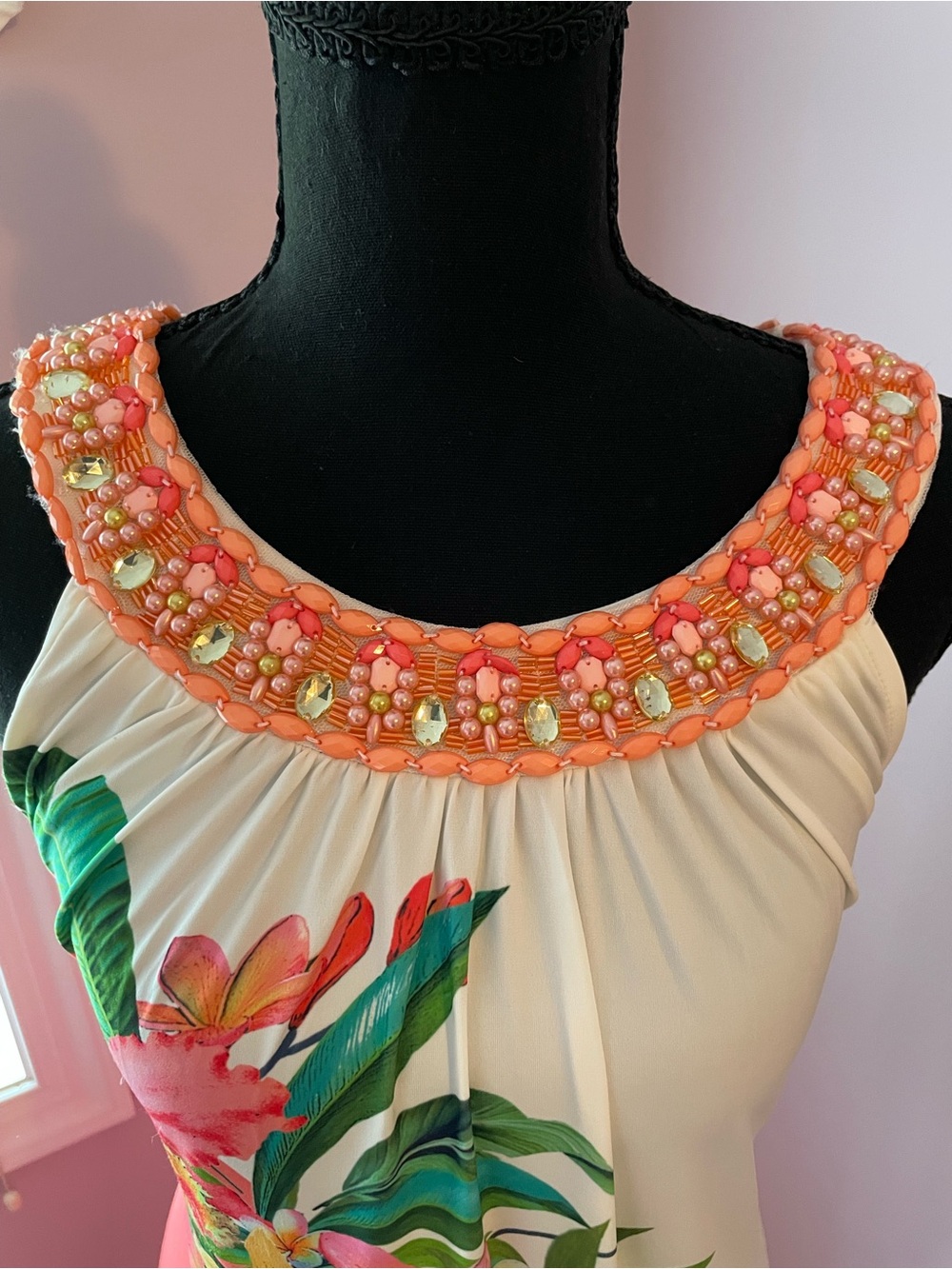 Boston Proper Ivory Floral Sleeveless Top with Coral Beaded Neckline